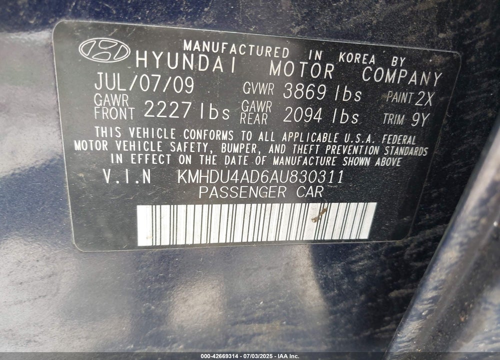 2010 HYUNDAI ELANTRA VIN: KMHDU4AD6AU830311