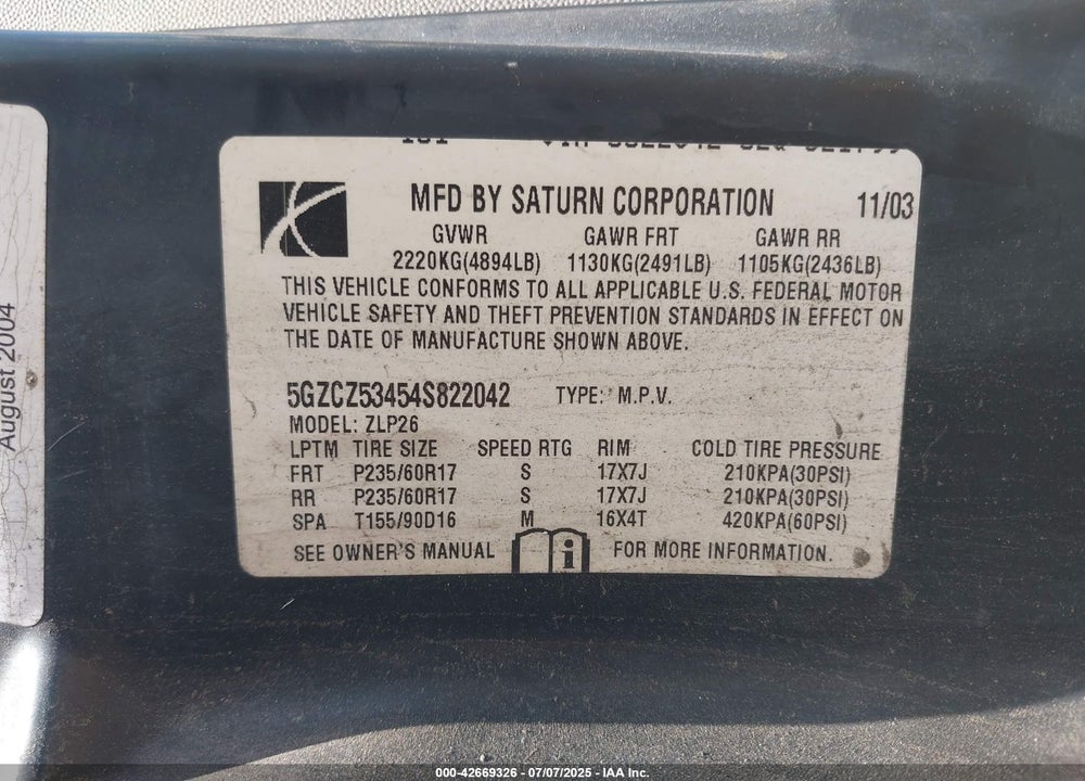2004 SATURN VUE V6 VIN: 5GZCZ53454S822042