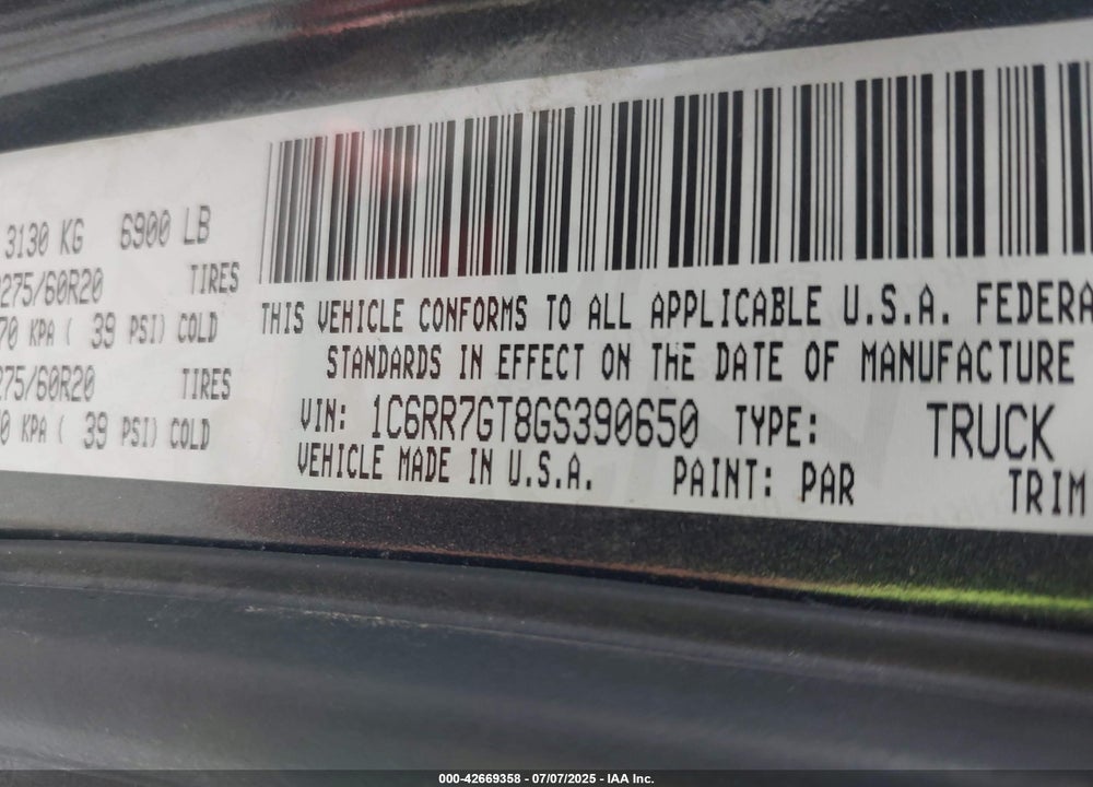 2016 RAM 1500 VIN: 1C6RR7GT8GS390650