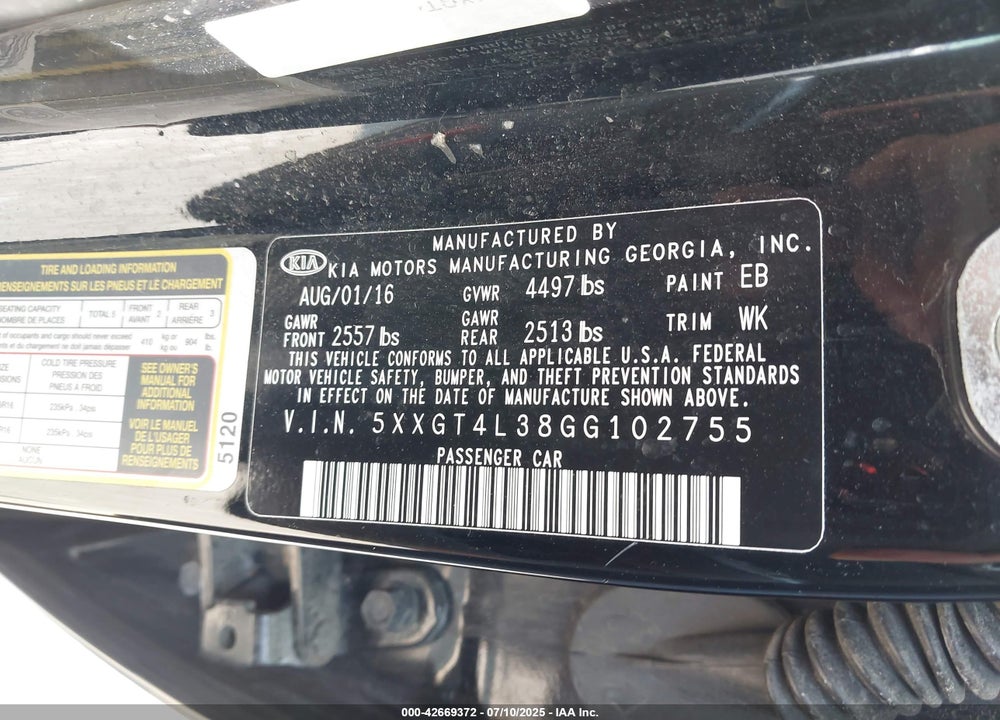 2016 KIA OPTIMA VIN: 5XXGT4L38GG102755