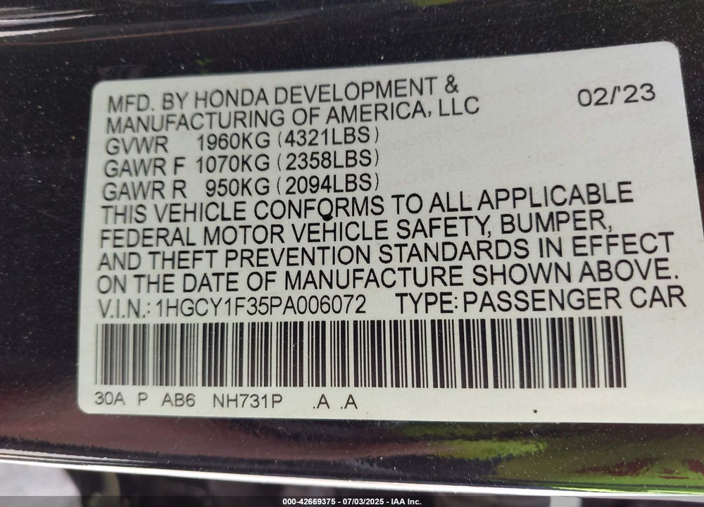 2023 HONDA ACCORD VIN: 1HGCY1F35PA006072