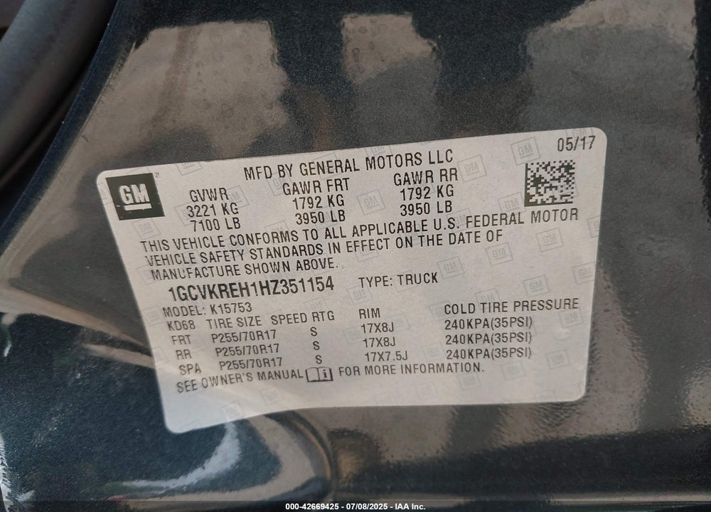 2017 CHEVROLET SILVERADO 1500 VIN: 1GCVKREH1HZ351154