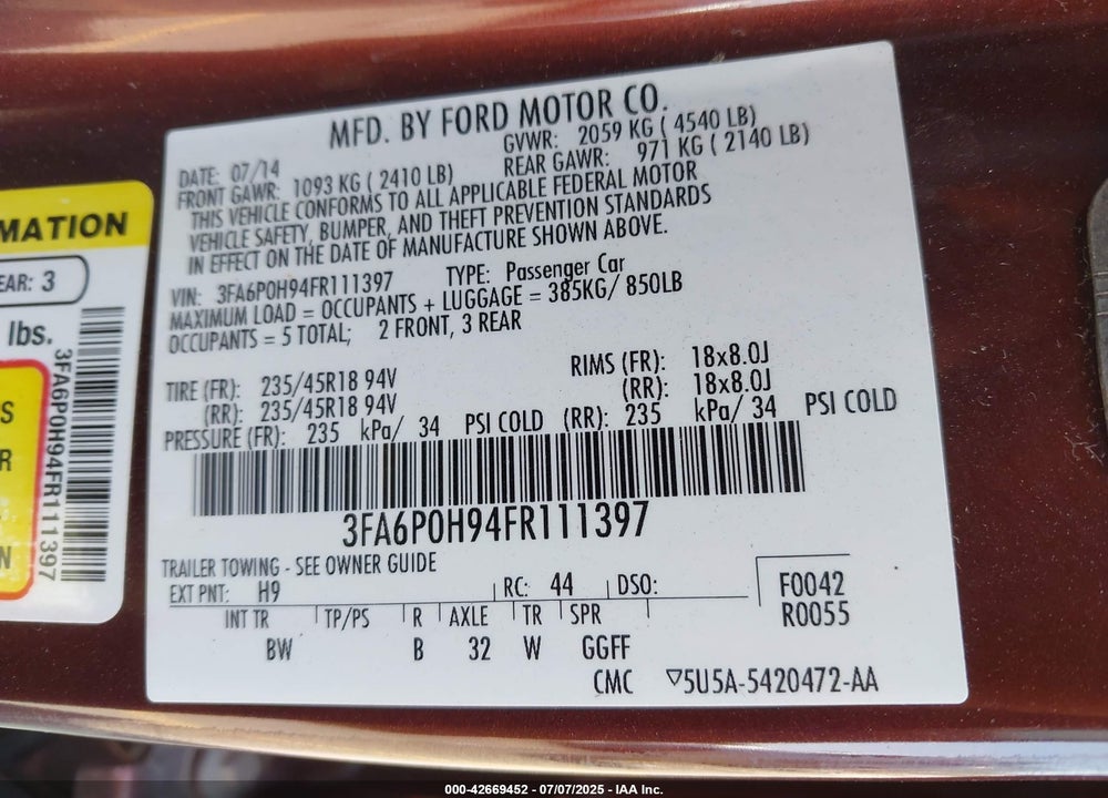 2015 FORD FUSION VIN: 3FA6P0H94FR111397