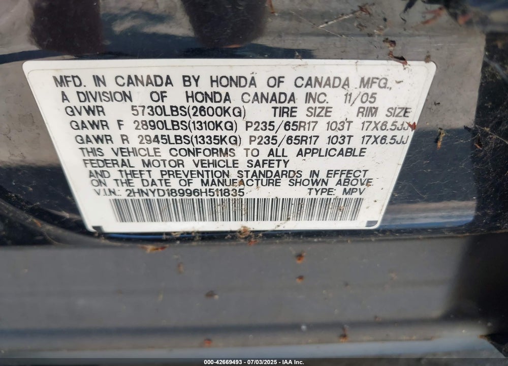 2006 ACURA MDX VIN: 2HNYD18996H511835