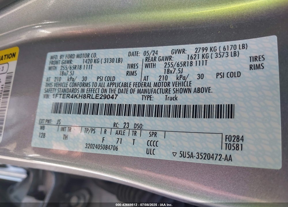2024 FORD RANGER LARIAT VIN: 1FTER4KH8RLE29047