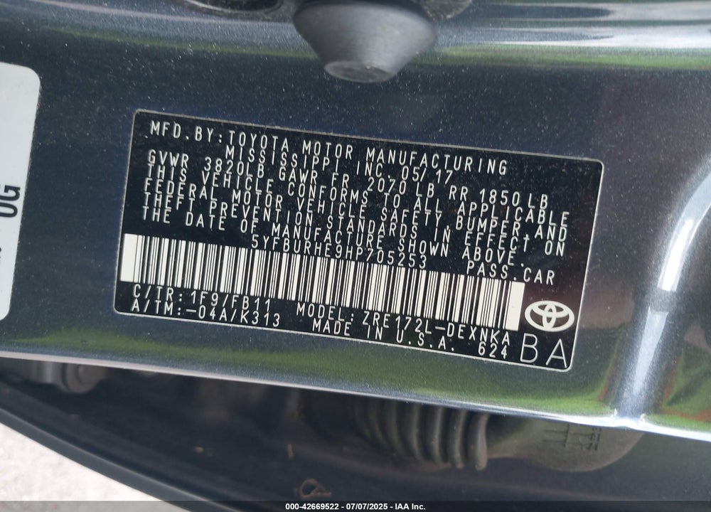 2017 TOYOTA COROLLA VIN: 5YFBURHE9HP705253
