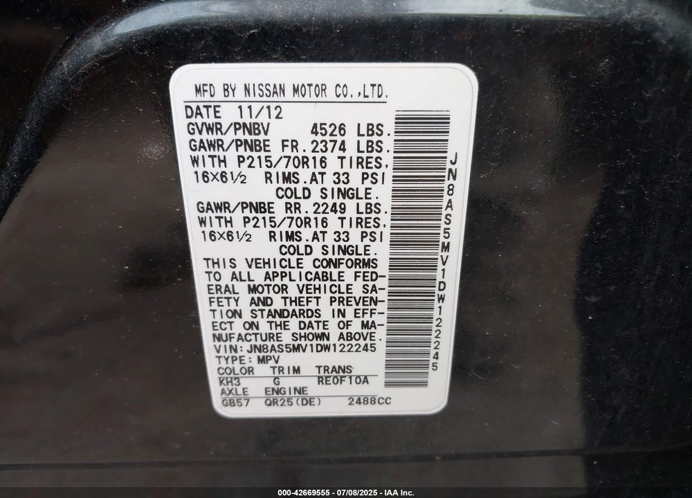 2013 NISSAN ROGUE VIN: JN8AS5MV1DW122245