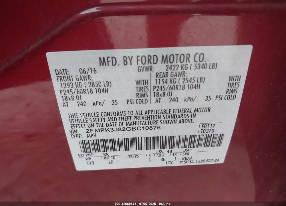 2016 FORD EDGE VIN: 2FMPK3J82GBC10876