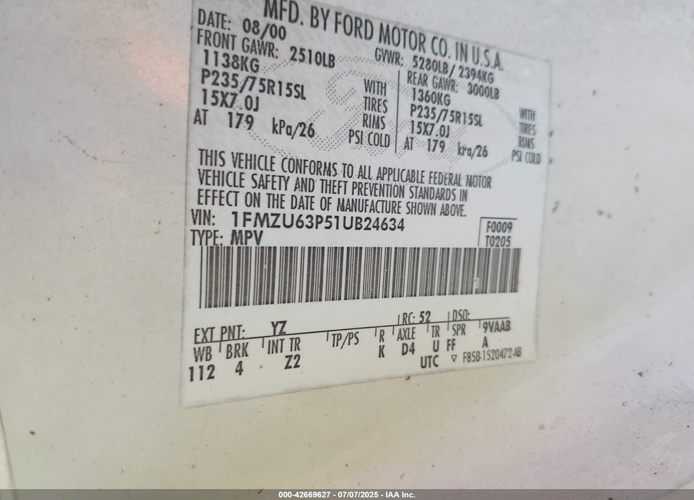 2001 FORD EXPLORER XLT VIN: 1FMZU63P51UB24634