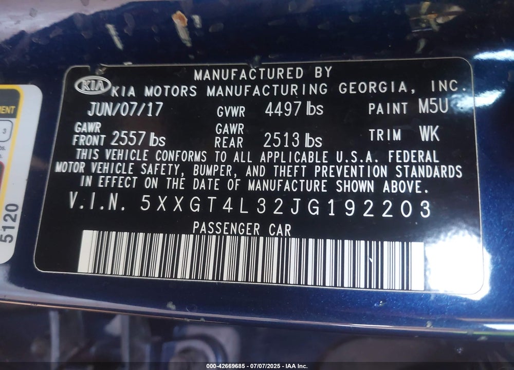 2018 KIA OPTIMA VIN: 5XXGT4L32JG192203