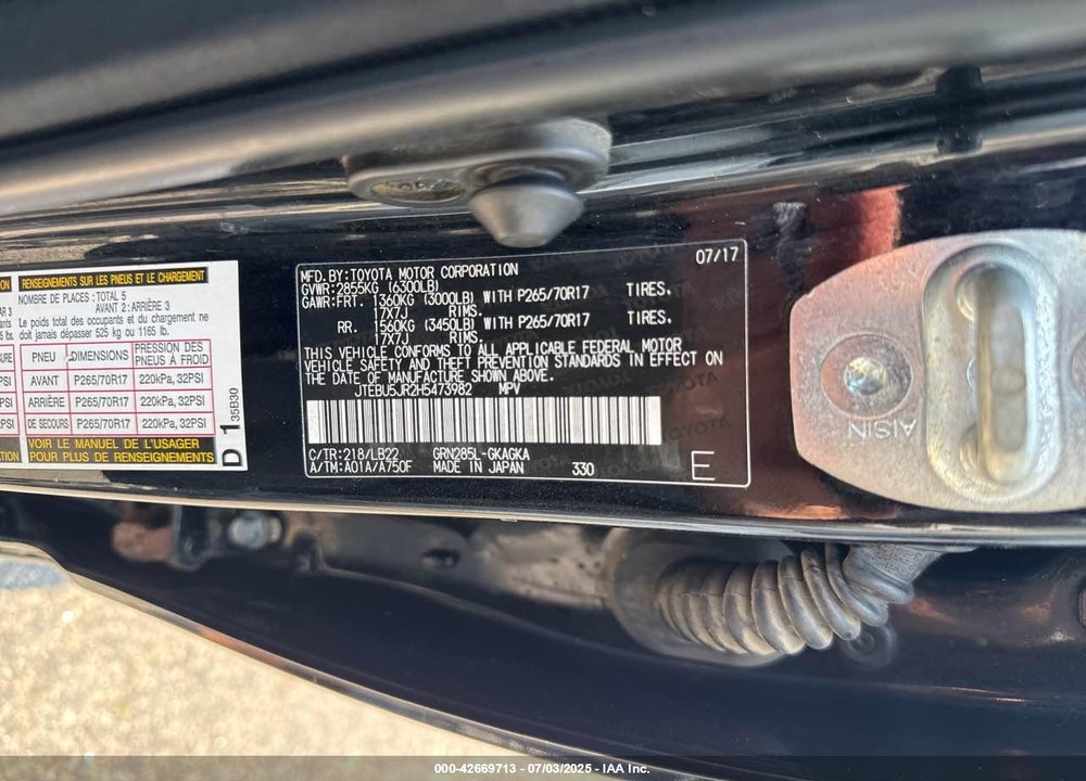 2017 TOYOTA 4RUNNER SR5 PREM/LTDL/TRAIL/TRD VIN: JTEBU5JR2H5473982