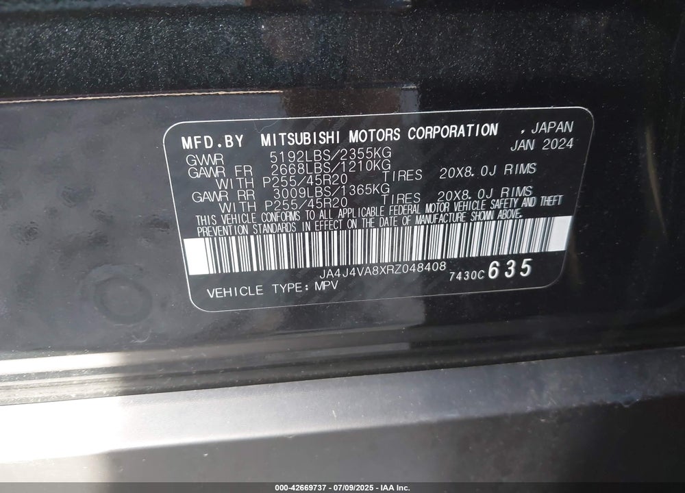 2024 MITSUBISHI OUTLANDER VIN: JA4J4VA8XRZ048408