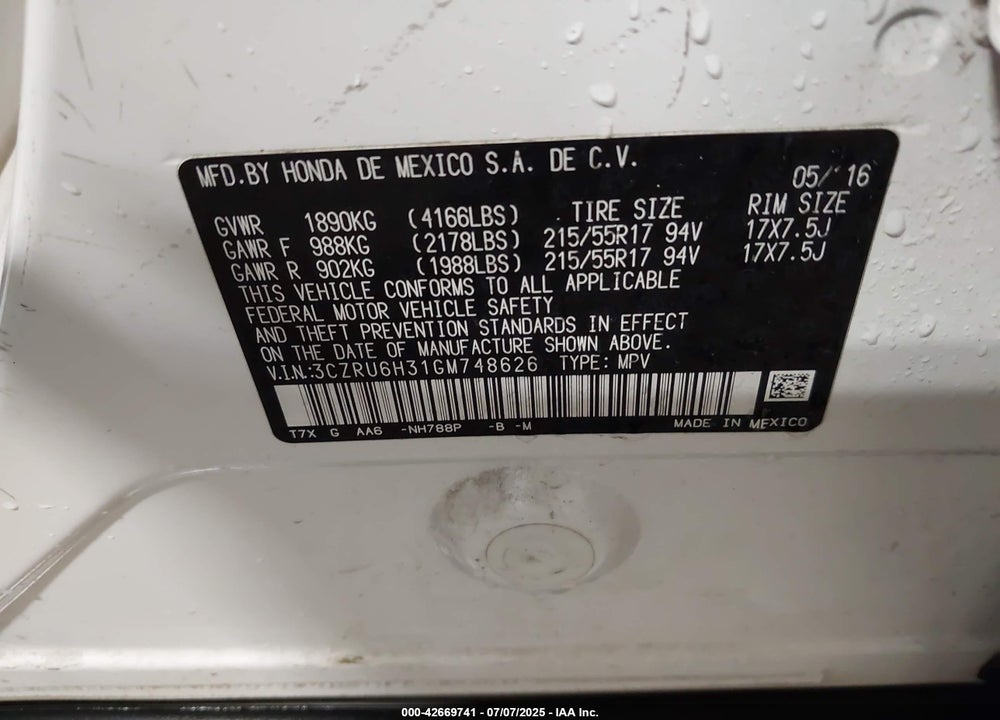 2016 HONDA HR-V VIN: 3CZRU6H31GM748626