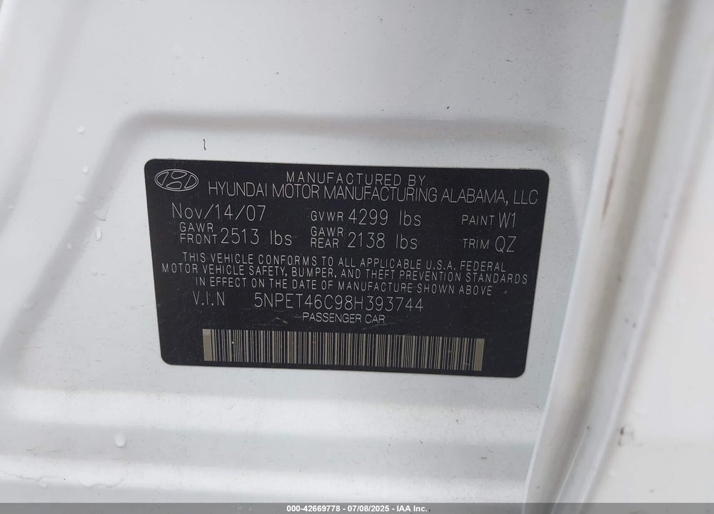 2008 HYUNDAI SONATA GLS VIN: 5NPET46C98H393744