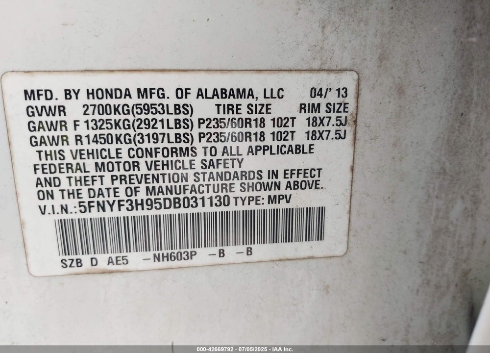 2013 HONDA PILOT VIN: 5FNYF3H95DB031130