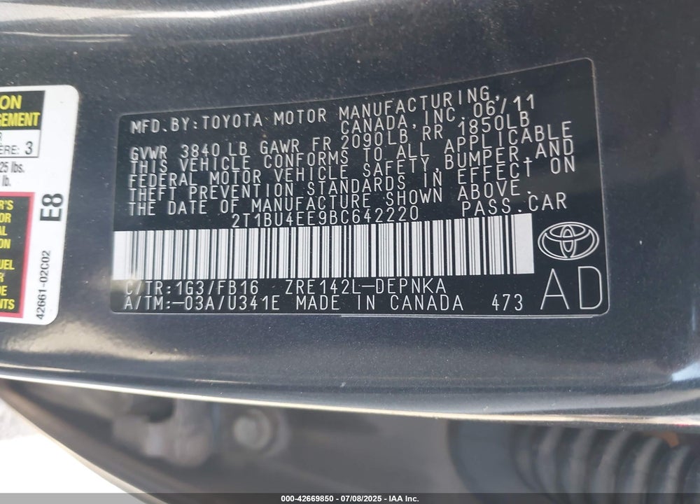 2011 TOYOTA COROLLA VIN: 2T1BU4EE9BC642220