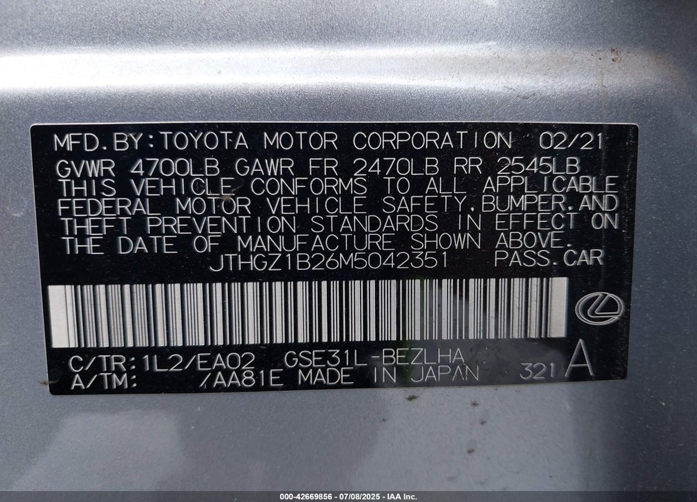 2021 LEXUS IS 350 F-SPORT VIN: JTHGZ1B26M5042351