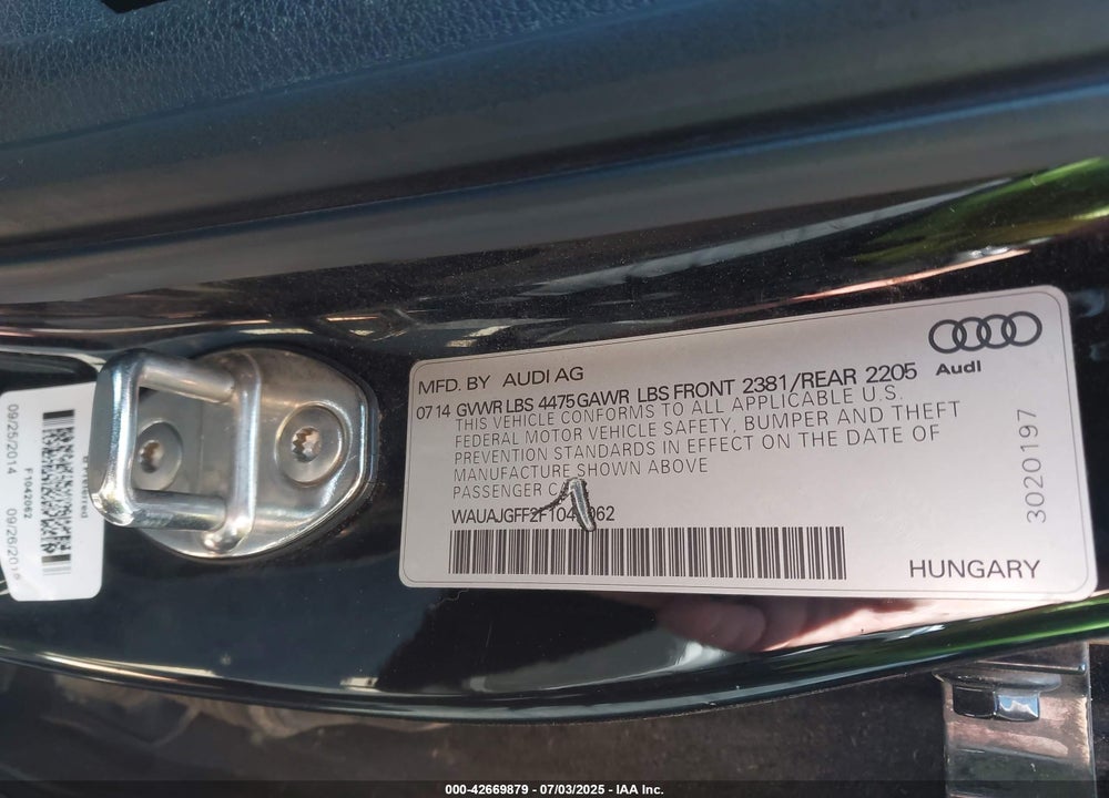 2015 AUDI A3 VIN: WAUAJGFF2F1042062