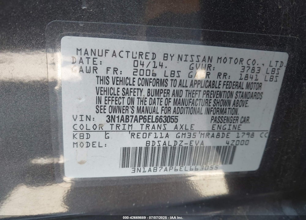 2014 NISSAN SENTRA VIN: 3N1AB7AP6EL663055