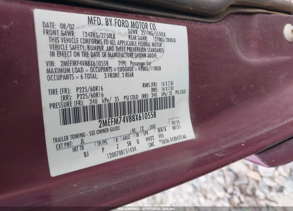 2008 MERCURY GRAND MARQUIS VIN: 2MEFM74V88X610558