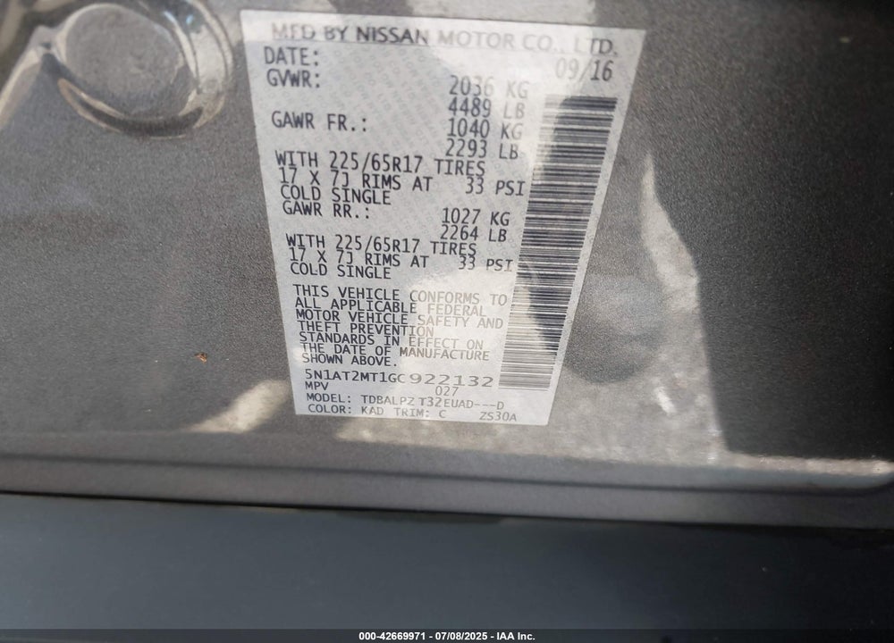 2016 NISSAN ROGUE VIN: 5N1AT2MT1GC922132
