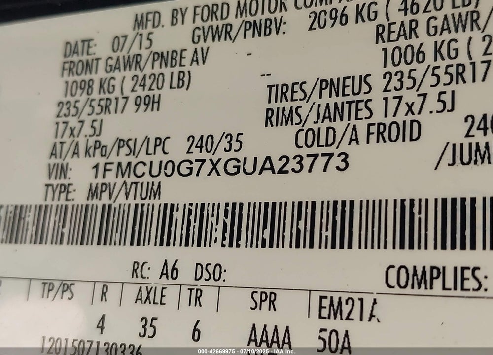 2016 FORD ESCAPE VIN: 1FMCU0G7XGUA23773