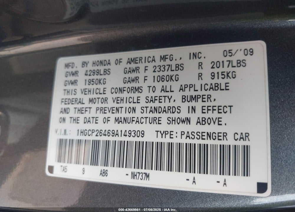 2009 HONDA ACCORD 2.4 LX-P VIN: 1HGCP26469A149309