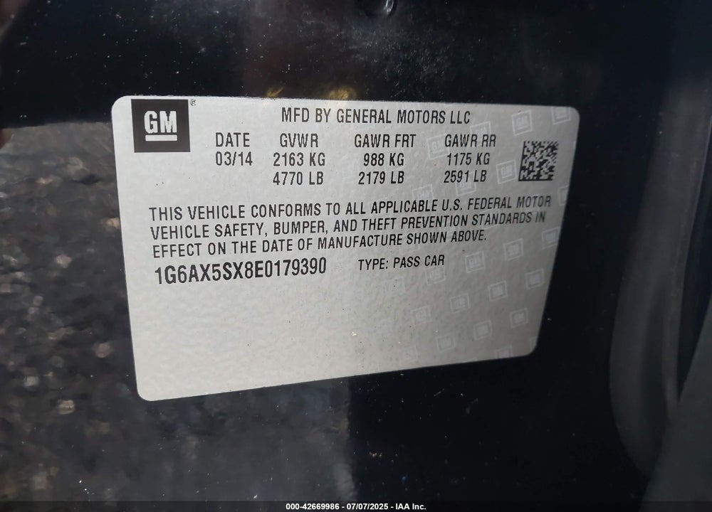 2014 CADILLAC CTS VIN: 1G6AX5SX8E0179390