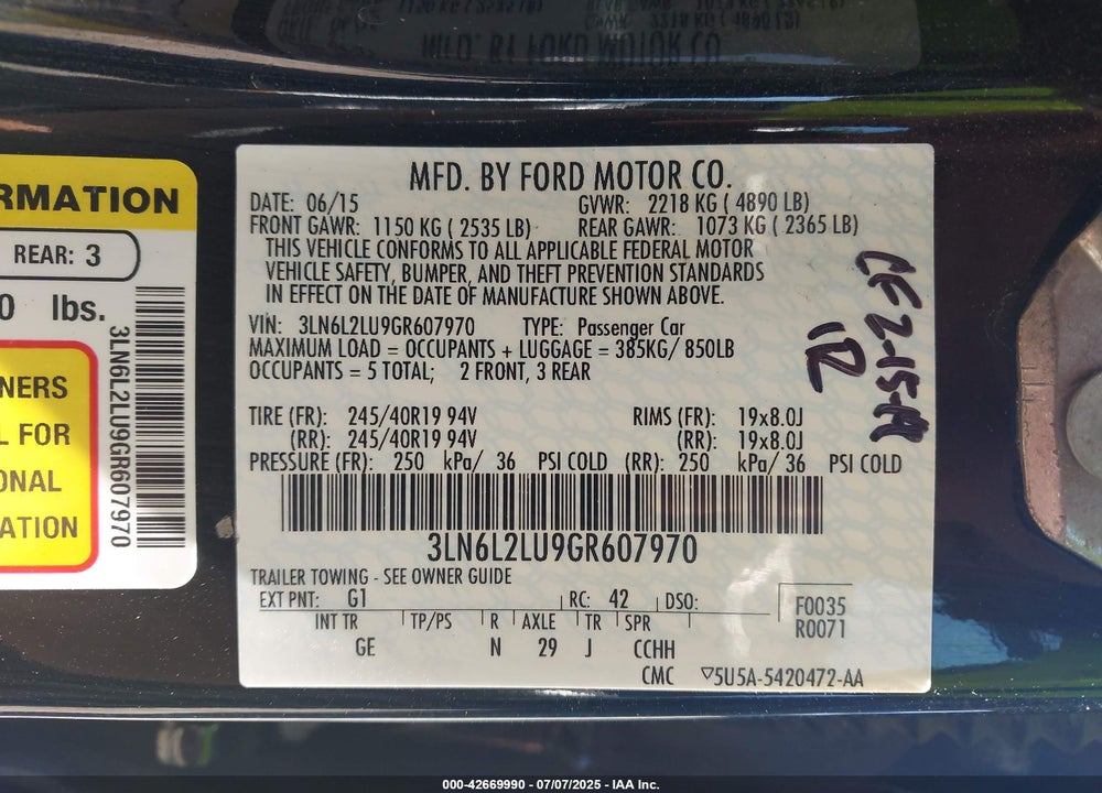 2016 LINCOLN MKZ HYBRID VIN: 3LN6L2LU9GR607970