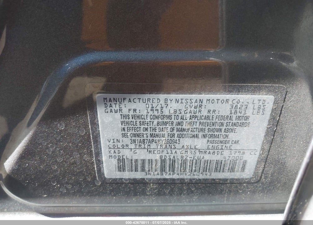 2017 NISSAN SENTRA VIN: 3N1AB7AP4HY260943