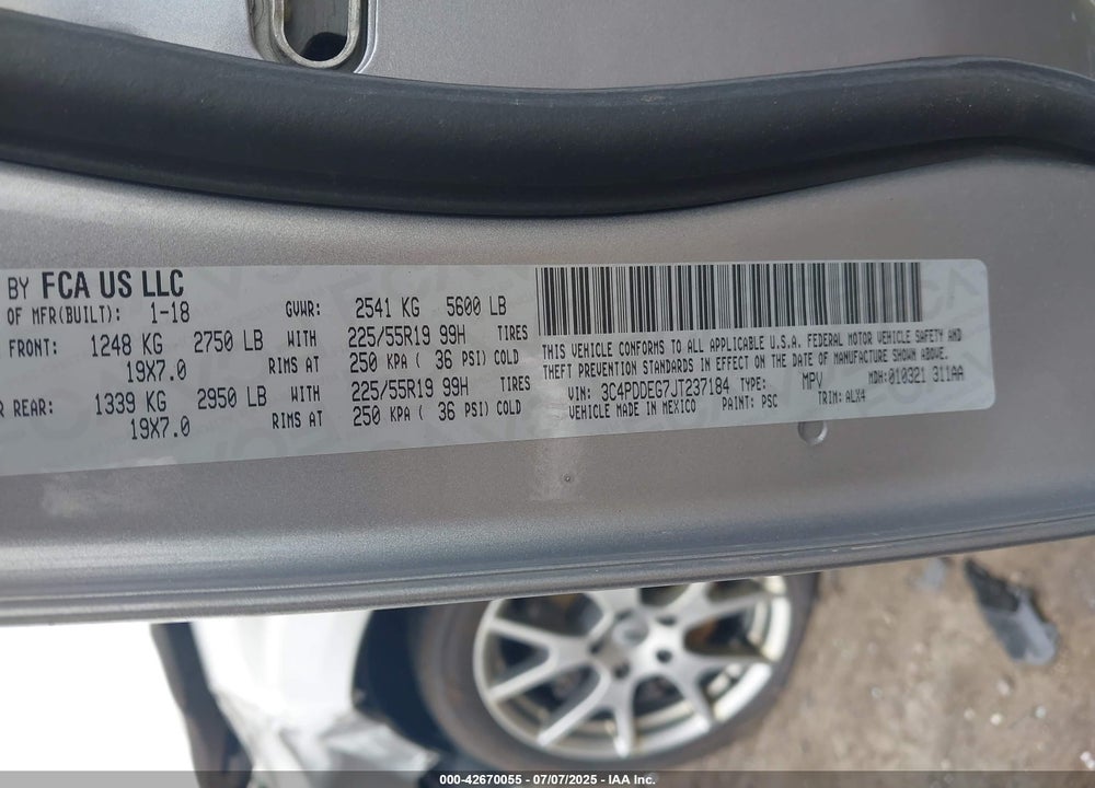 2018 DODGE JOURNEY VIN: 3C4PDDEG7JT237184
