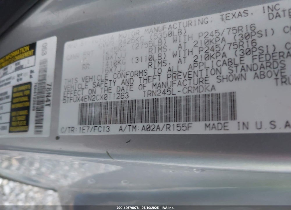 2012 TOYOTA TACOMA VIN: 5TFUX4EN2CX011263