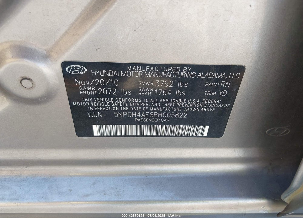 2011 HYUNDAI ELANTRA VIN: 5NPDH4AE8BH005822