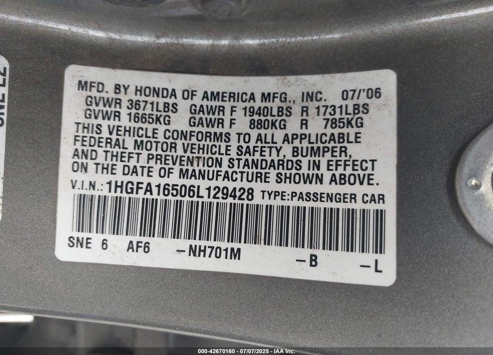 2006 HONDA CIVIC VIN: 1HGFA16506L129428