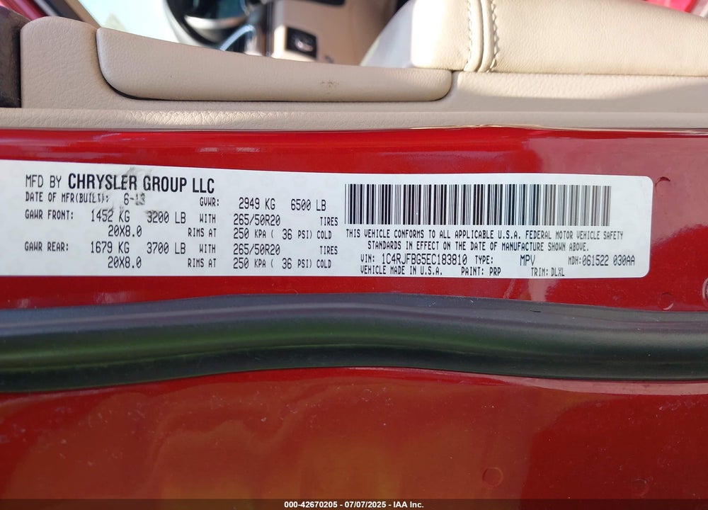 2014 JEEP GRAND CHEROKEE VIN: 1C4RJFBG5EC183810