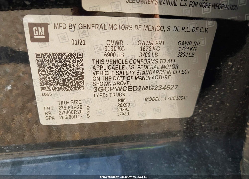 2021 CHEVROLET SILVERADO 1500 VIN: 3GCPWCED1MG234627