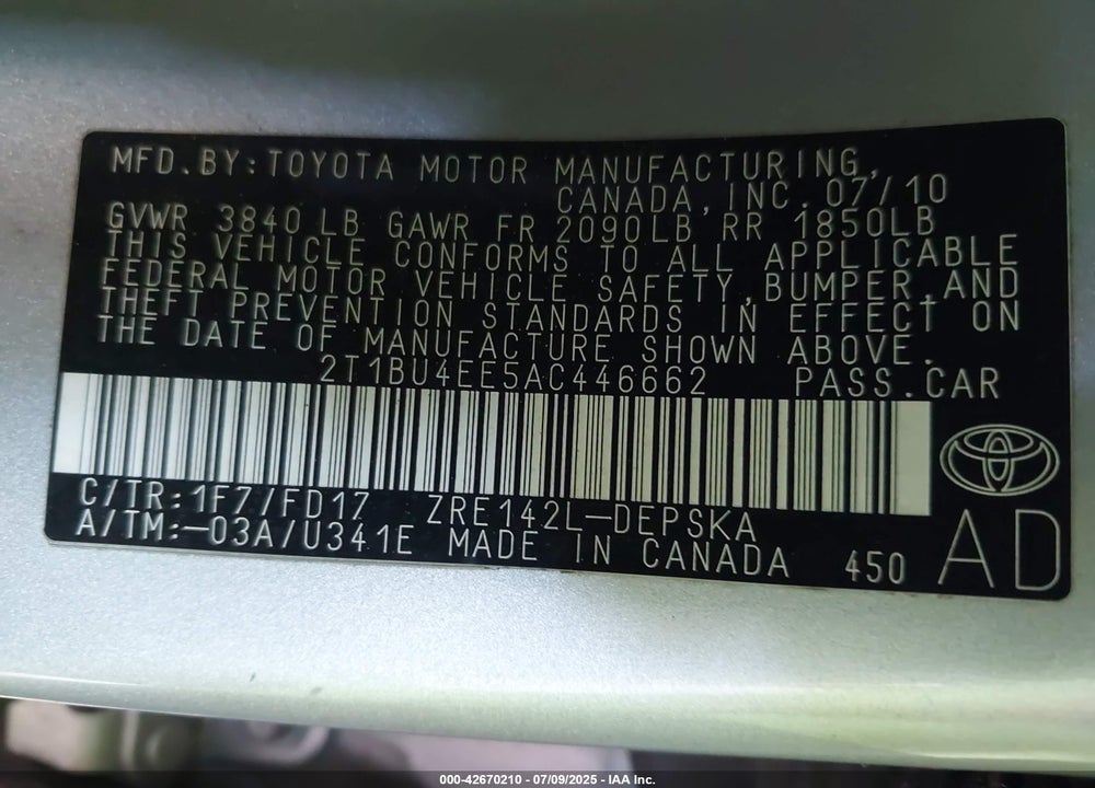 2010 TOYOTA COROLLA VIN: 2T1BU4EE5AC446662
