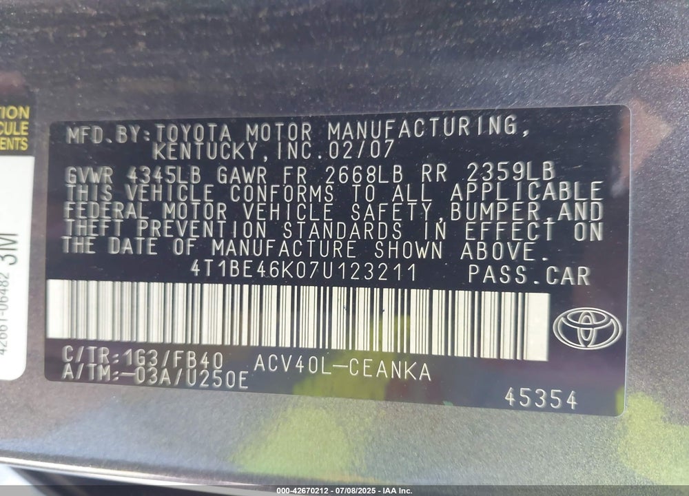 2007 TOYOTA CAMRY LE VIN: 4T1BE46K07U123211