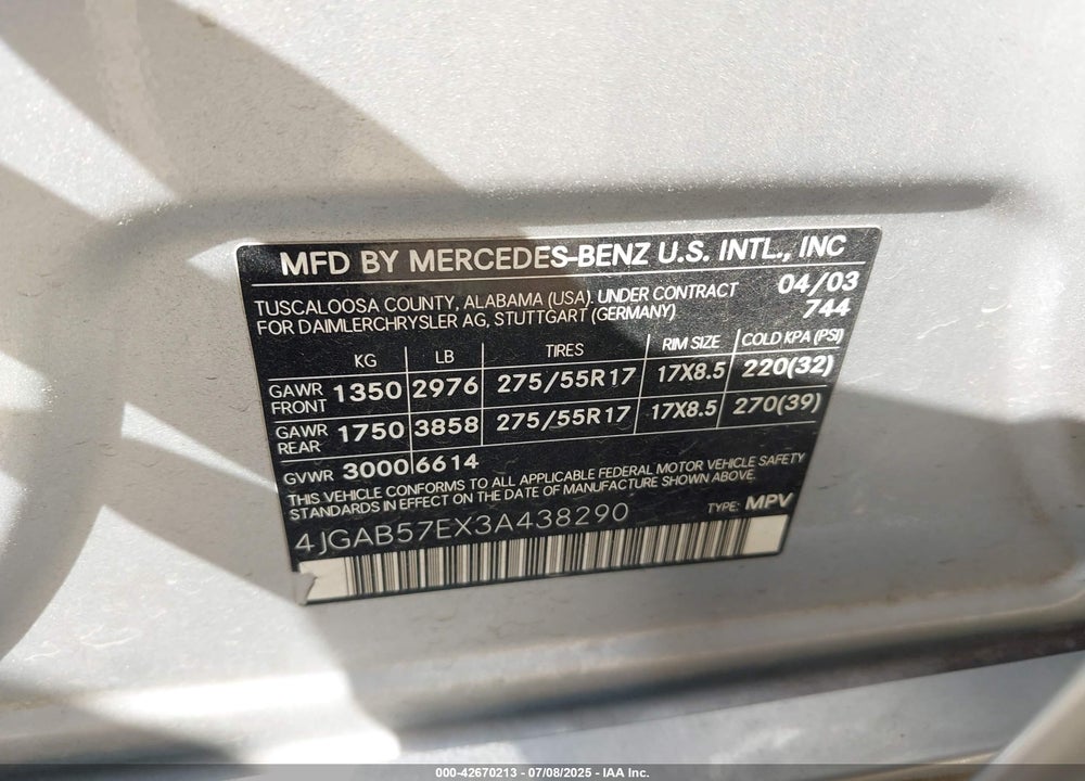 2003 MERCEDES-BENZ ML 350 VIN: 4JGAB57EX3A438290