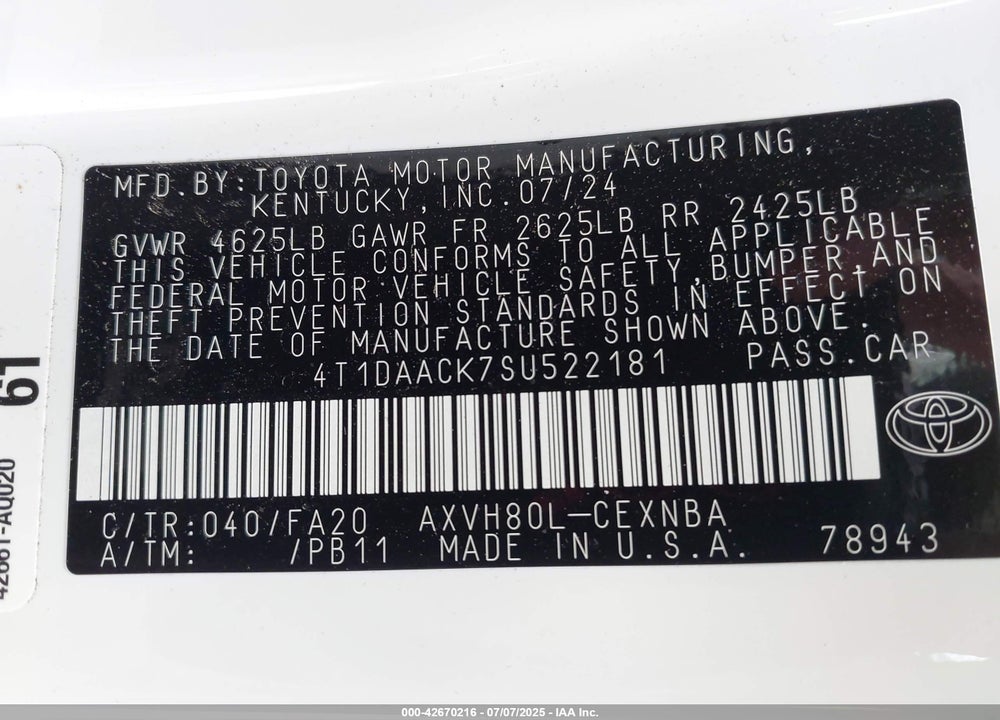 2025 TOYOTA CAMRY VIN: 4T1DAACK7SU522181