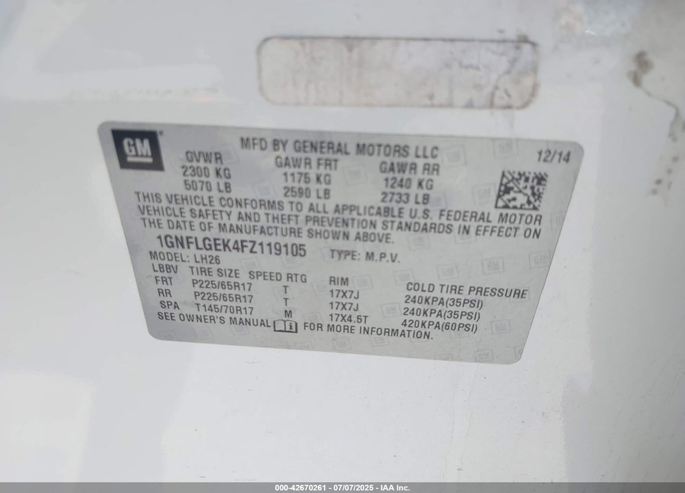2015 CHEVROLET EQUINOX 2LT VIN: 1GNFLGEK4FZ119105