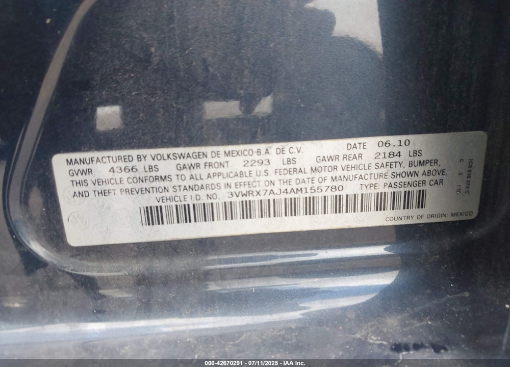 2010 VOLKSWAGEN JETTA VIN: 3VWRX7AJ4AM155780