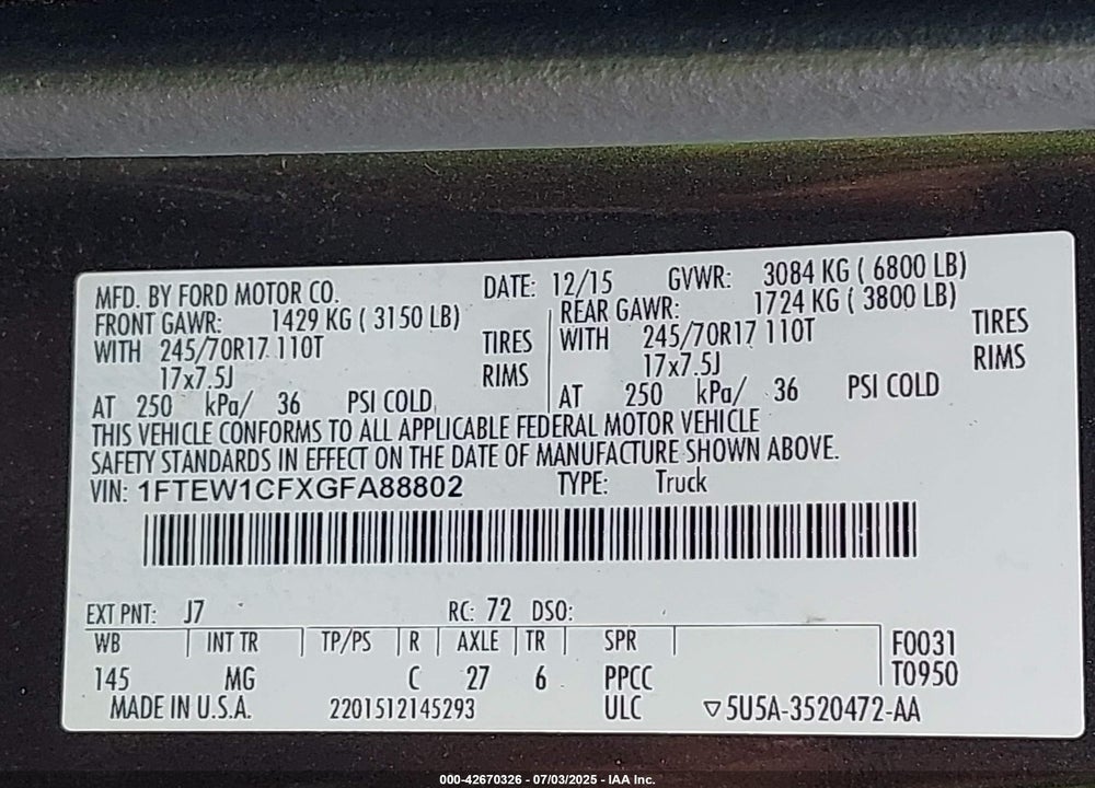 2016 FORD F-150 VIN: 1FTEW1CFXGFA88802