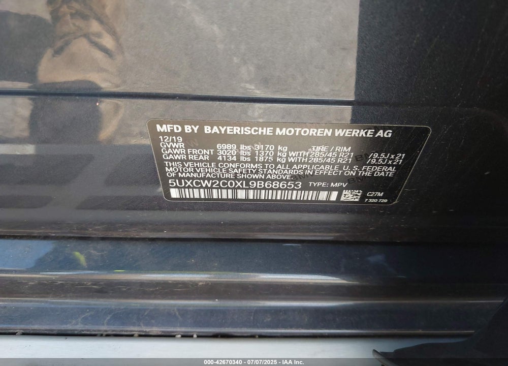 2020 BMW X7 XDRIVE40I VIN: 5UXCW2C0XL9B68653