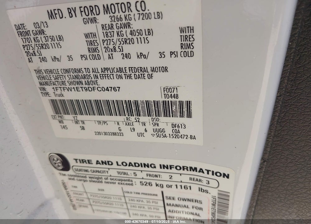 2013 FORD F-150 VIN: 1FTFW1ET9DFC04767