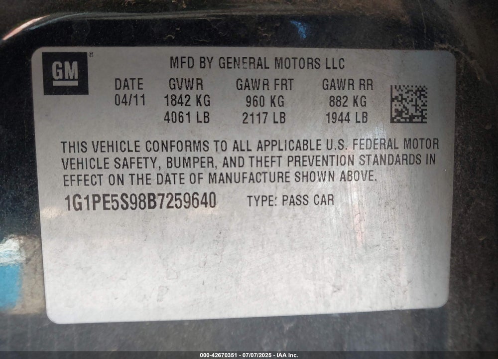 2011 CHEVROLET CRUZE VIN: 1G1PE5S98B7259640