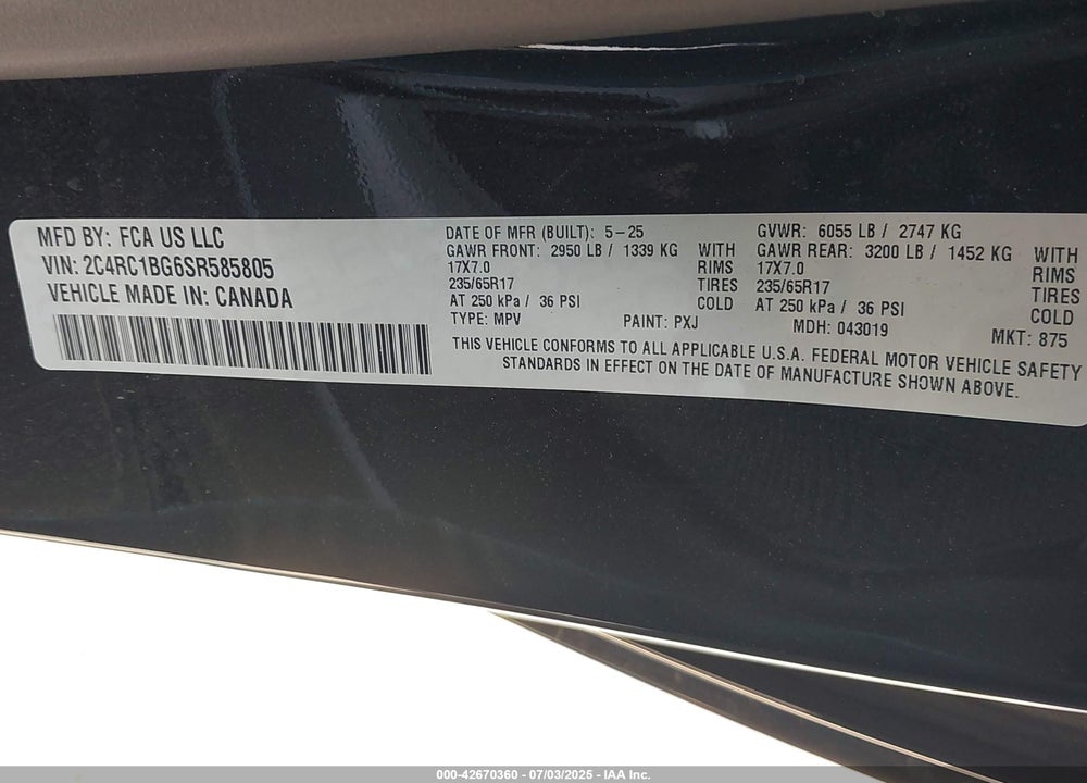 2025 CHRYSLER PACIFICA SELECT VIN: 2C4RC1BG6SR585805