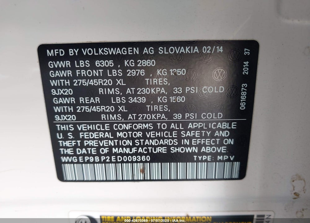 2014 VOLKSWAGEN TOUAREG VIN: WVGEP9BP2ED009360