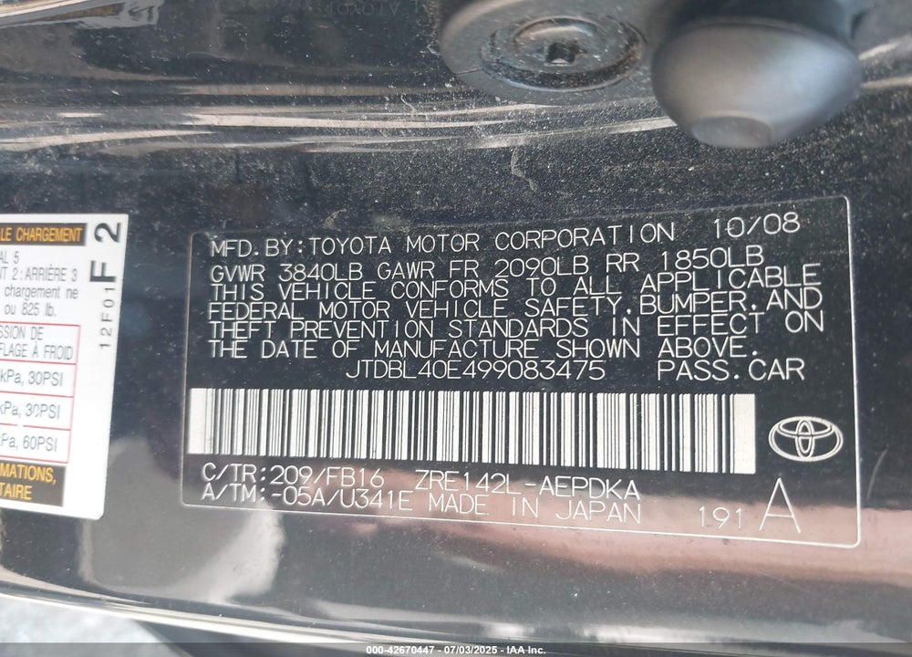 2009 TOYOTA COROLLA VIN: JTDBL40E499083475