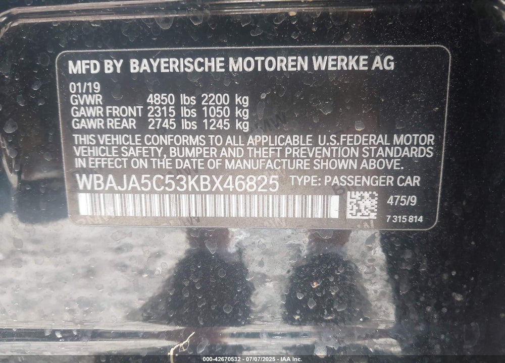 2019 BMW 5 SERIES VIN: WBAJA5C53KBX46825